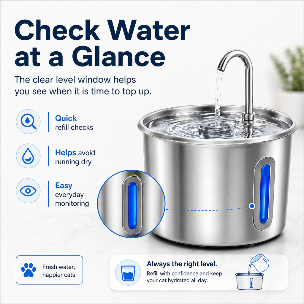 Stainless Steel Cat Water Fountain 2.2L with LED Light & 2 Filters