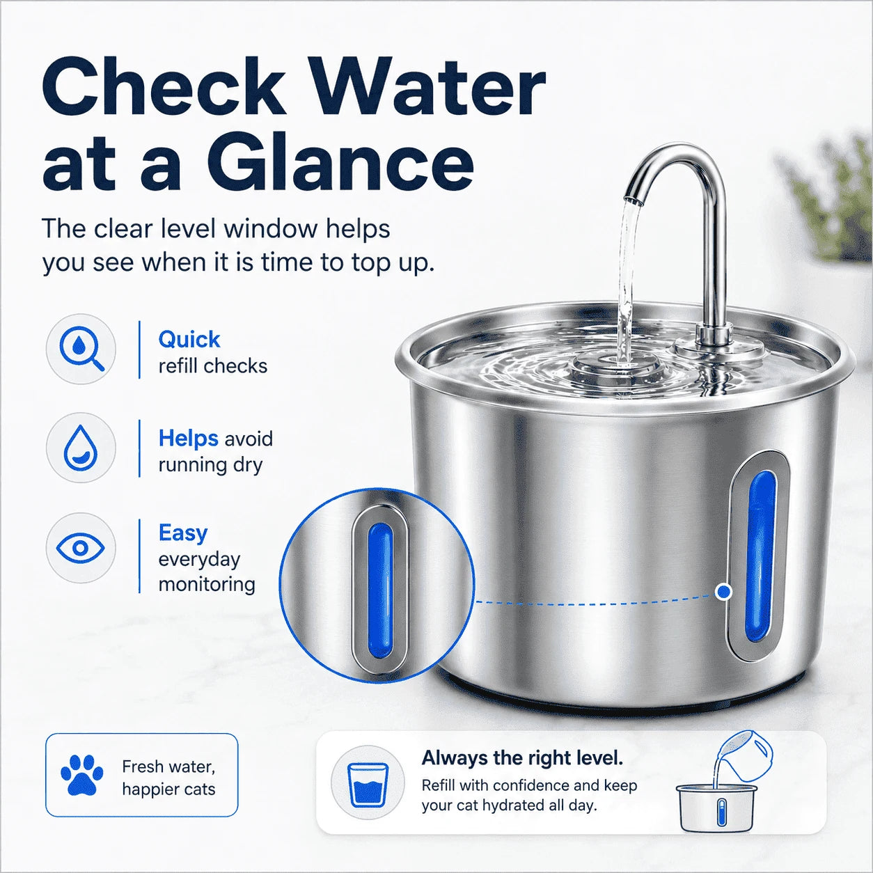 2.2L Stainless Steel Cat Water Fountain with LED Light & Filters