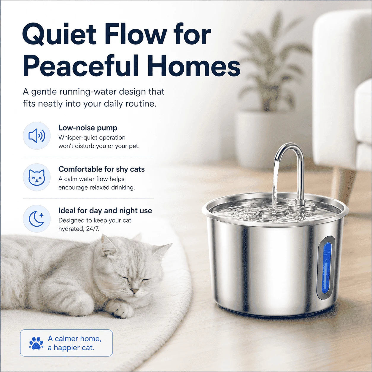 2.2L Stainless Steel Cat Water Fountain with LED Light & Filters