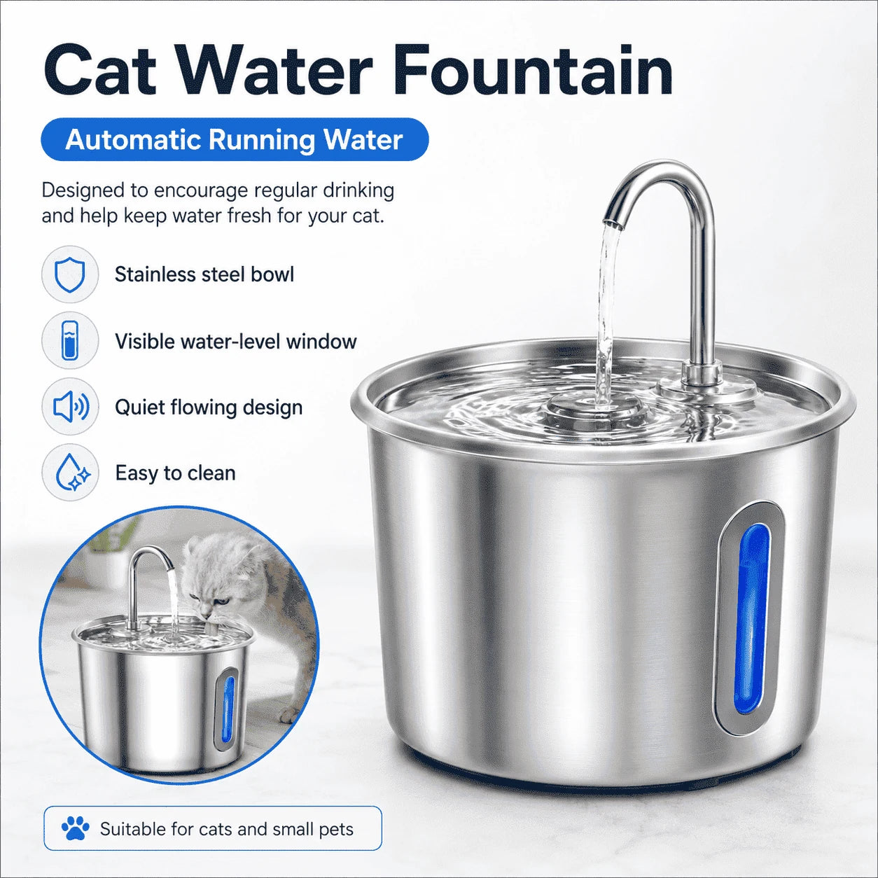 2.2L Stainless Steel Cat Water Fountain with LED Light & Filters