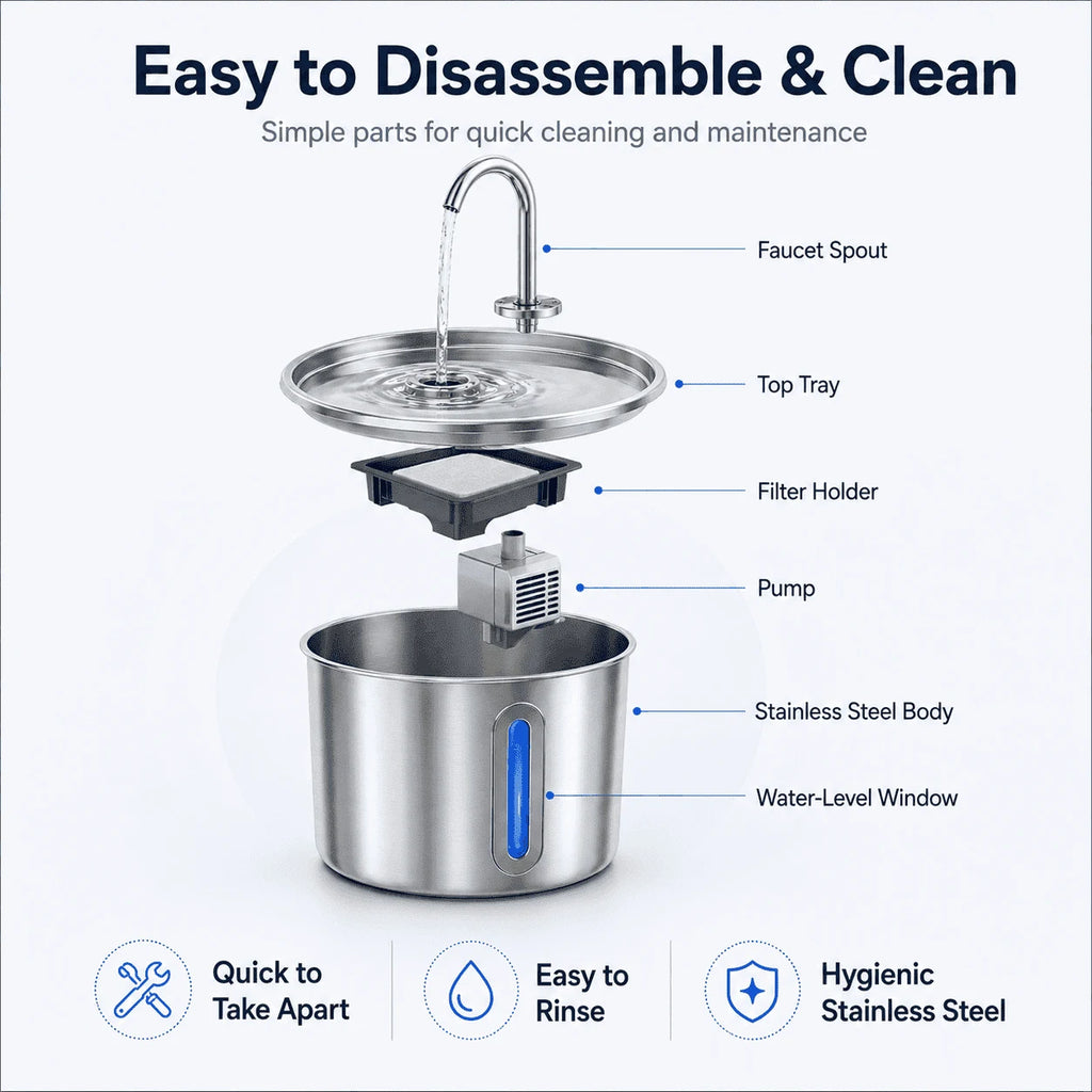 2.2L Stainless Steel Cat Water Fountain with LED Light & Filters