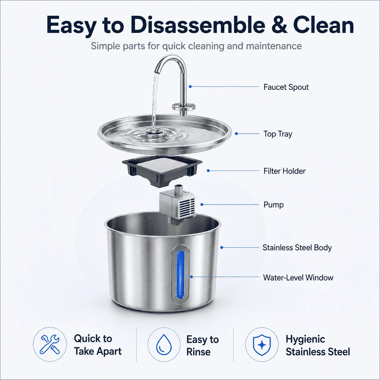 2.2L Stainless Steel Cat Water Fountain with LED Light & Filters