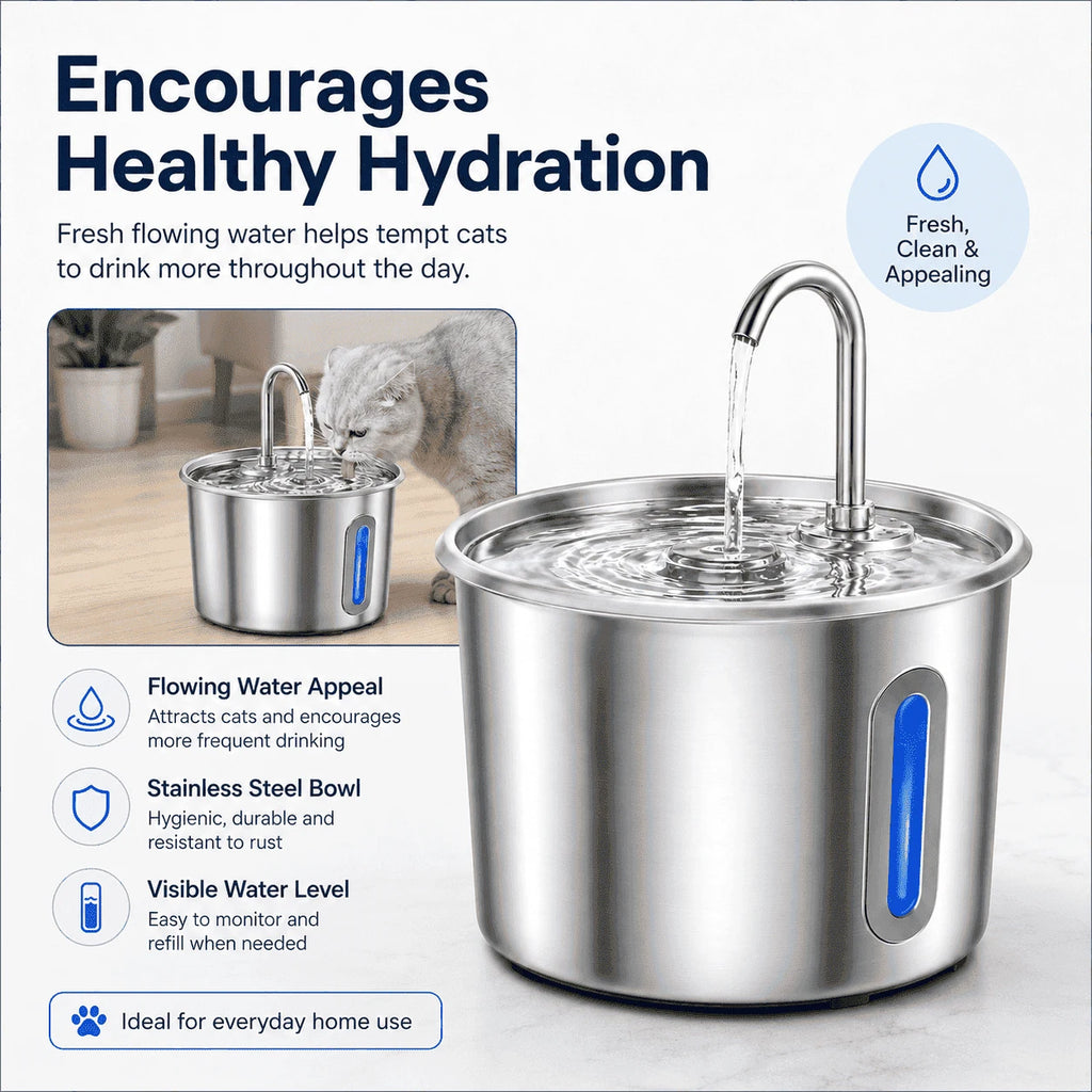 2.2L Stainless Steel Cat Water Fountain with LED Light & Filters