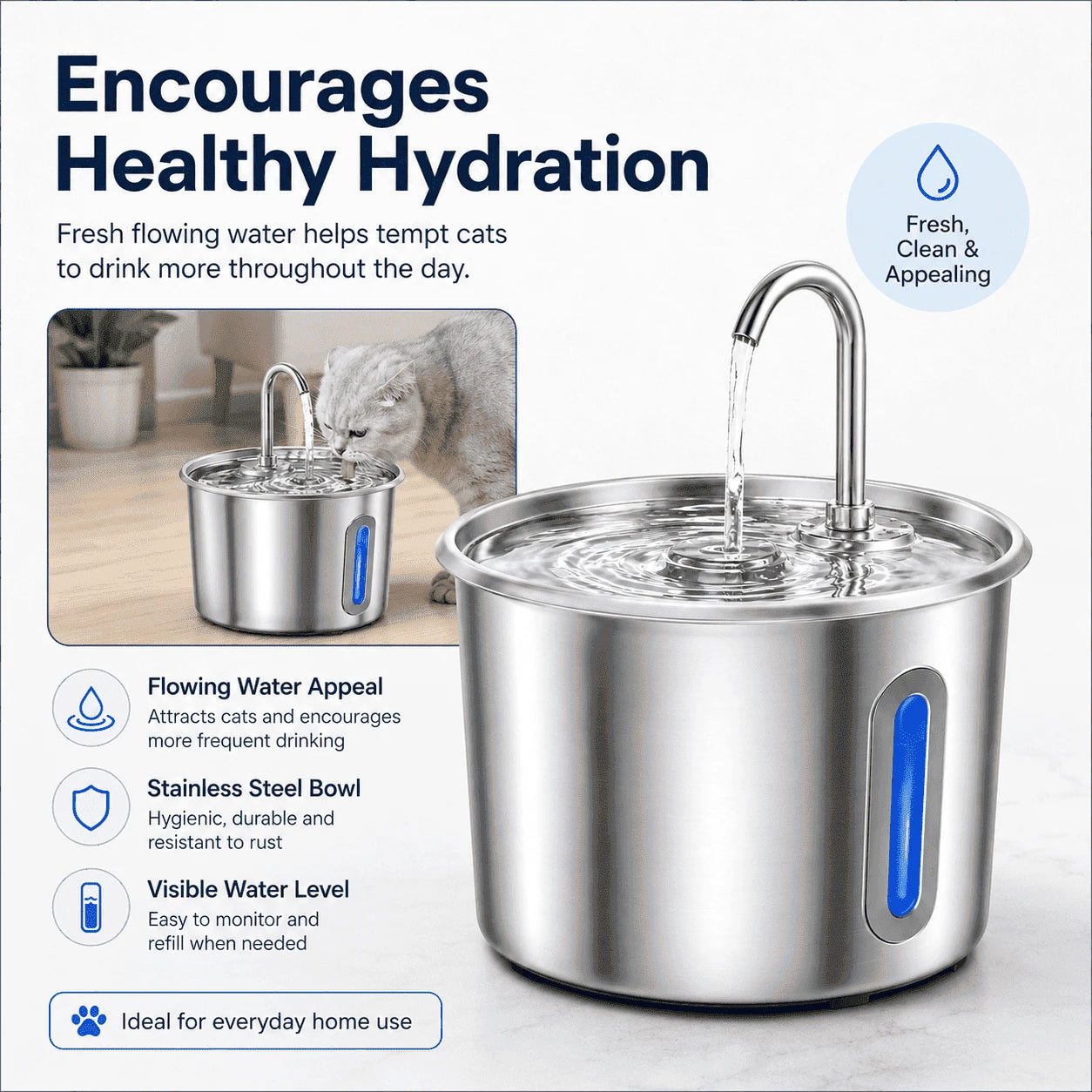 2.2L Stainless Steel Cat Water Fountain with LED Light & Filters