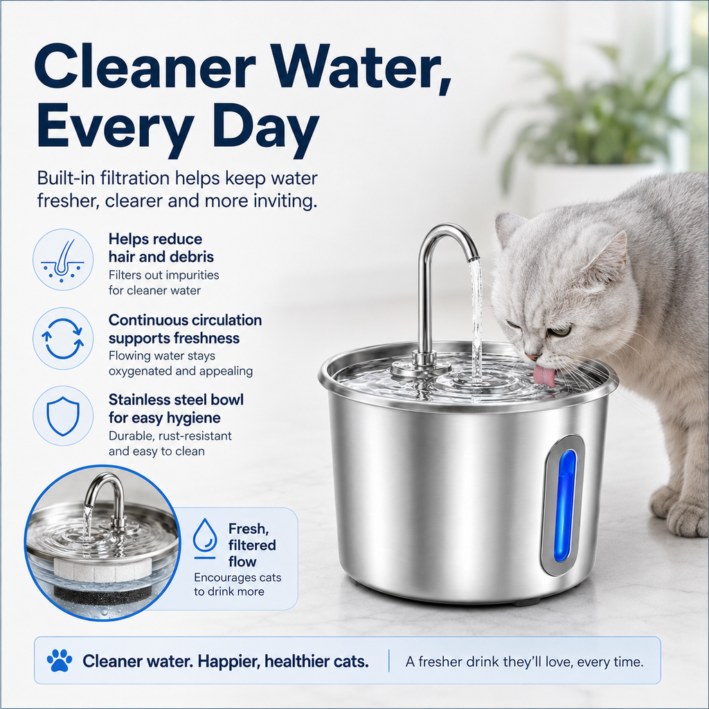 Stainless Steel Cat Water Fountain 2.2L with LED Light & 2 Filters