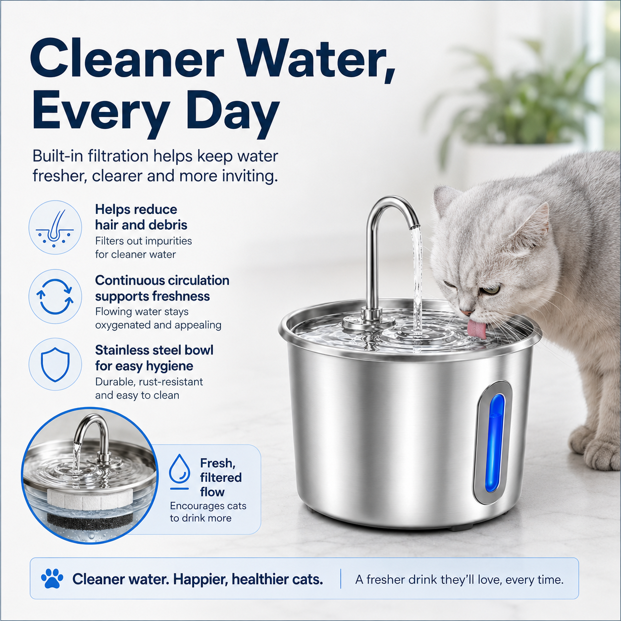 Stainless Steel Cat Water Fountain 2.2L with LED Light & 2 Filters