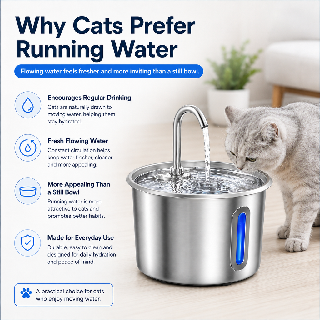 Stainless Steel Cat Water Fountain 2.2L with LED Light & 2 Filters