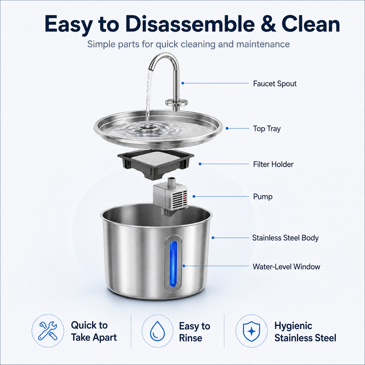 Stainless Steel Cat Water Fountain 2.2L with LED Light & 2 Filters