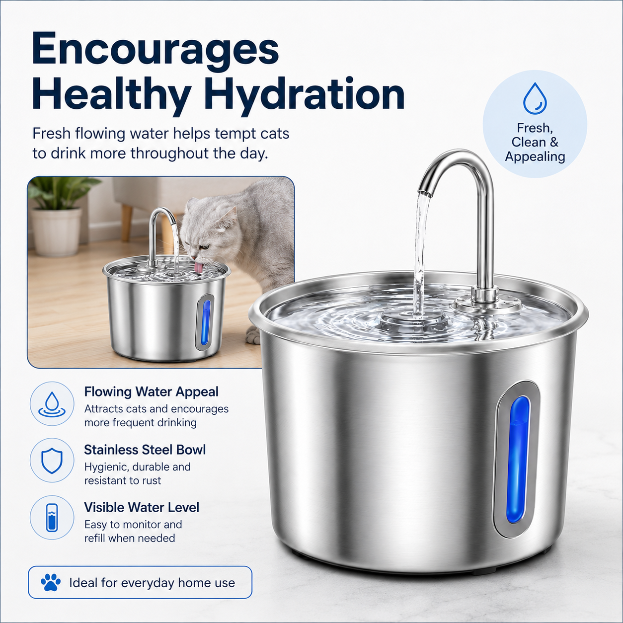 Stainless Steel Cat Water Fountain 2.2L with LED Light & 2 Filters
