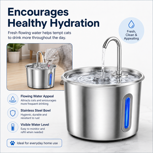 Stainless Steel Cat Water Fountain 2.2L with LED Light & 2 Filters