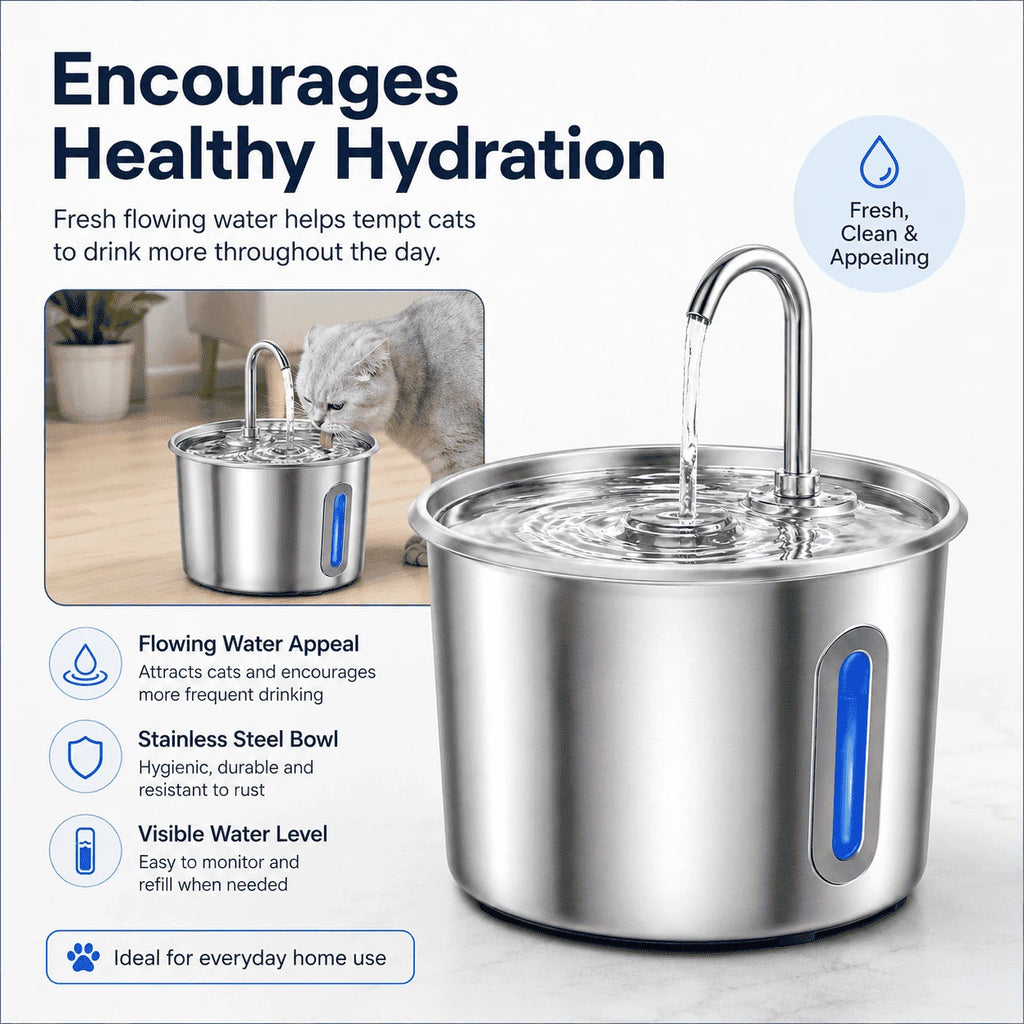 2.2L Stainless Steel Cat Water Fountain with LED Light & Filters