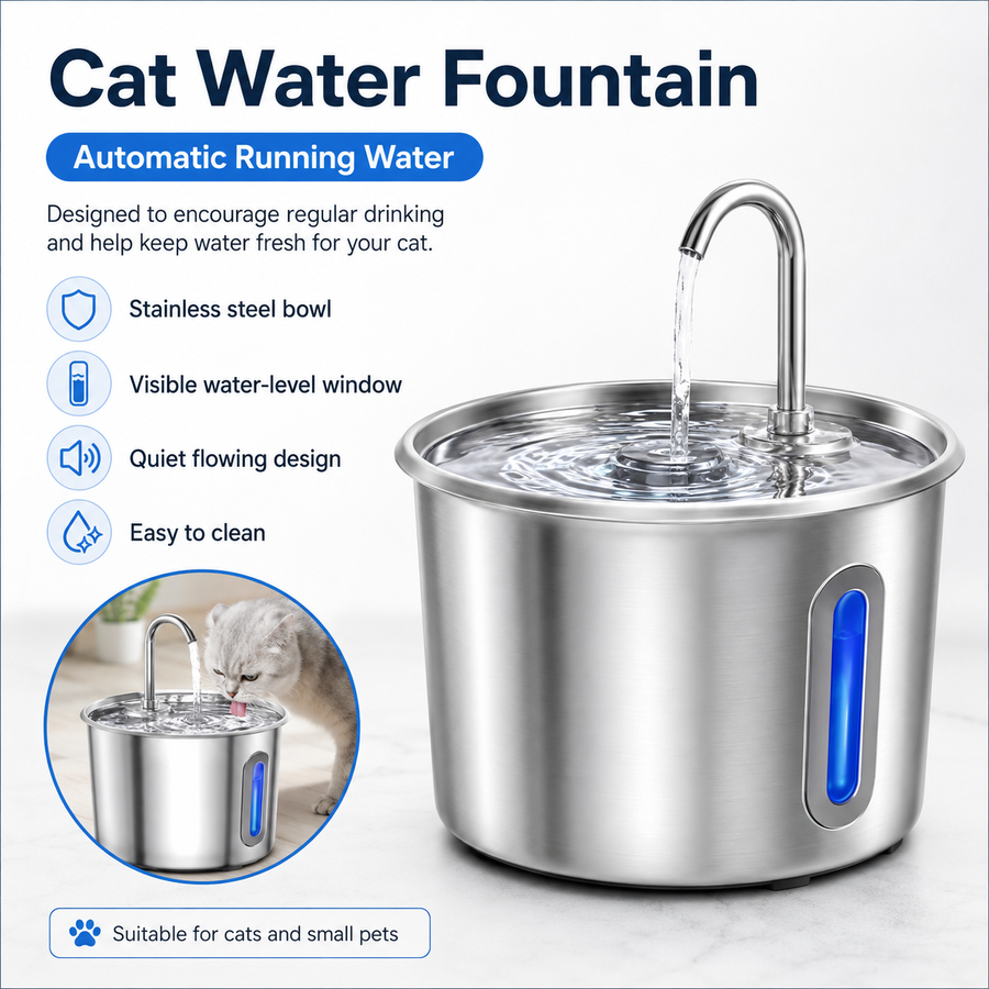Stainless Steel Cat Water Fountain 2.2L with LED Light & 2 Filters
