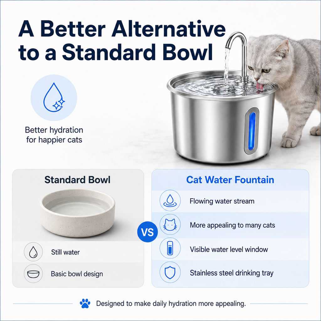 Stainless Steel Cat Water Fountain 2.2L with LED Light & 2 Filters
