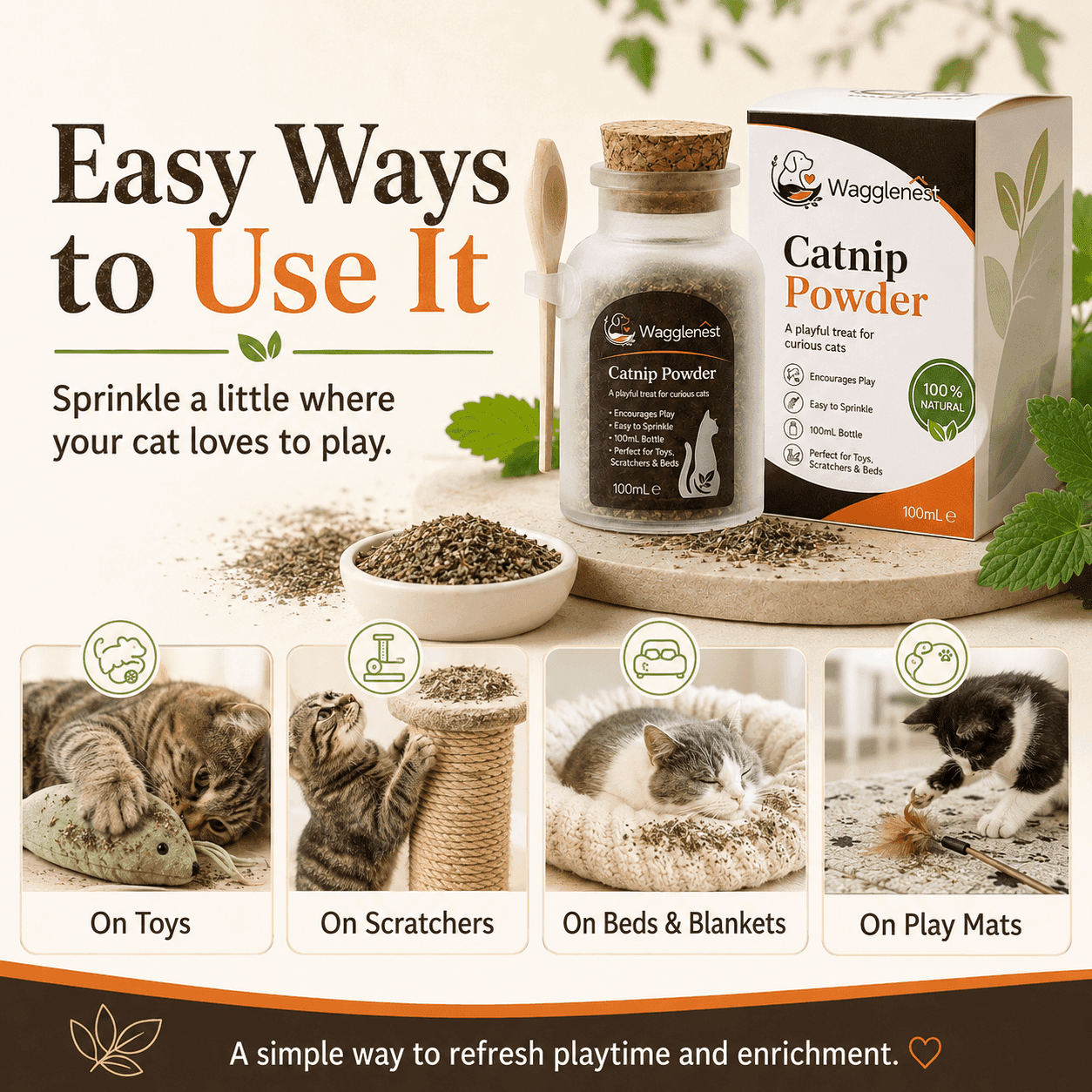 WaggleNest Natural Catnip Powder for Cats – 100ml with Spoon - wagglenest