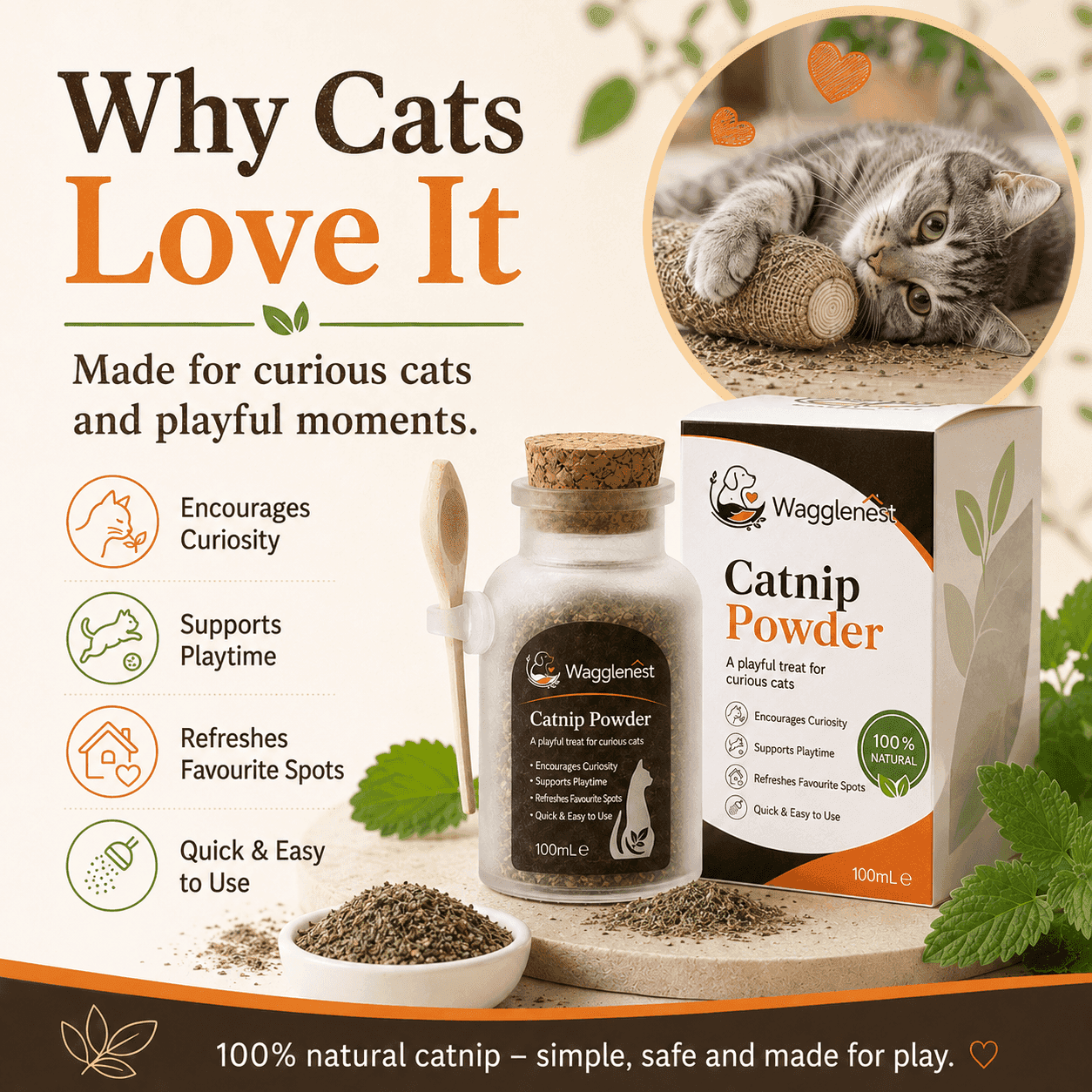 WaggleNest Natural Catnip Powder for Cats – 100ml with Spoon - wagglenest